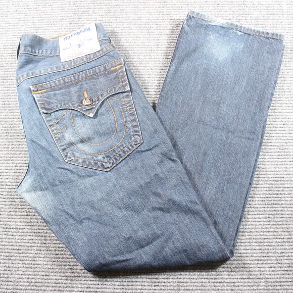 True Religion Jeans Mens 34x32 Blue Straight USA Made 100% Cotton - Picture 1 of 13